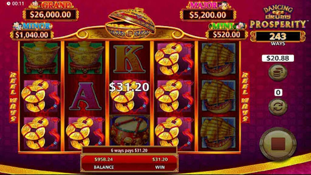 A screenshot of a $31.20 displayed above the 5x3 slot grid of Dancing Drums Prosperity. The winning gold coin symbols stand out against the rest of the symbols.