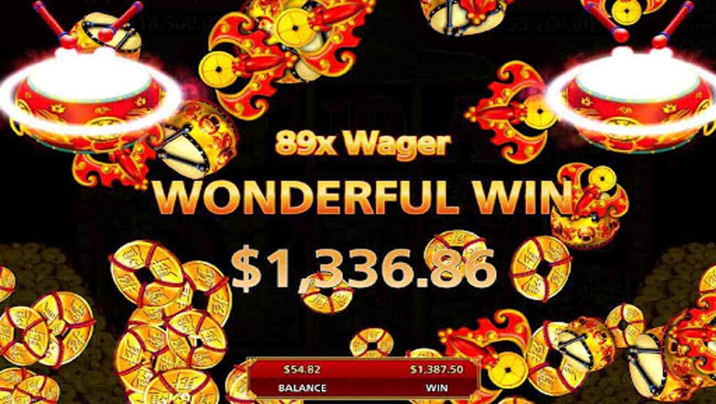 A screenshot of the win from a Free Spins round on the Dancing Drums Prosperity slot game. The win amount of 89x is surrounded by drum symbols and gold coins on a black background.