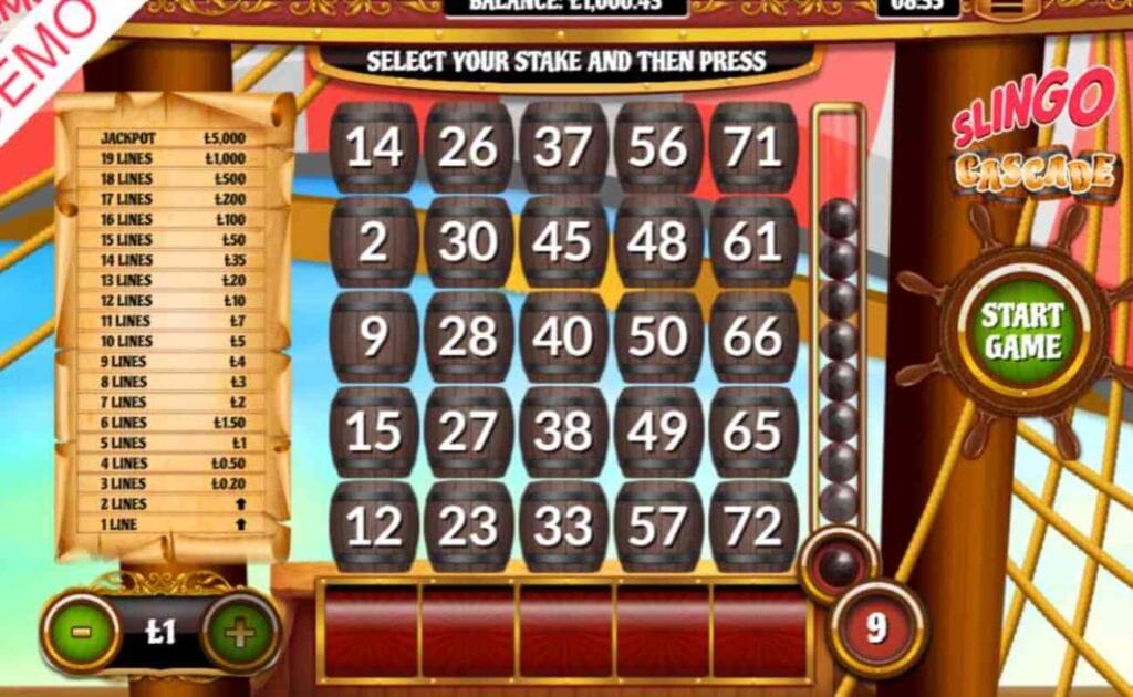 Slingo Cascade online slot game screenshot.
