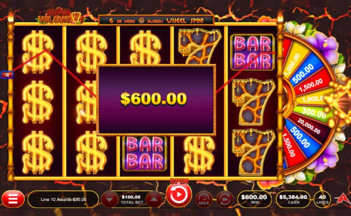 A screenshot of a $600 win on Super Volcano 7s, featuring the win amount of “$600.00” displayed over the triggering combination of dollar sign symbols and a double BAR symbol.