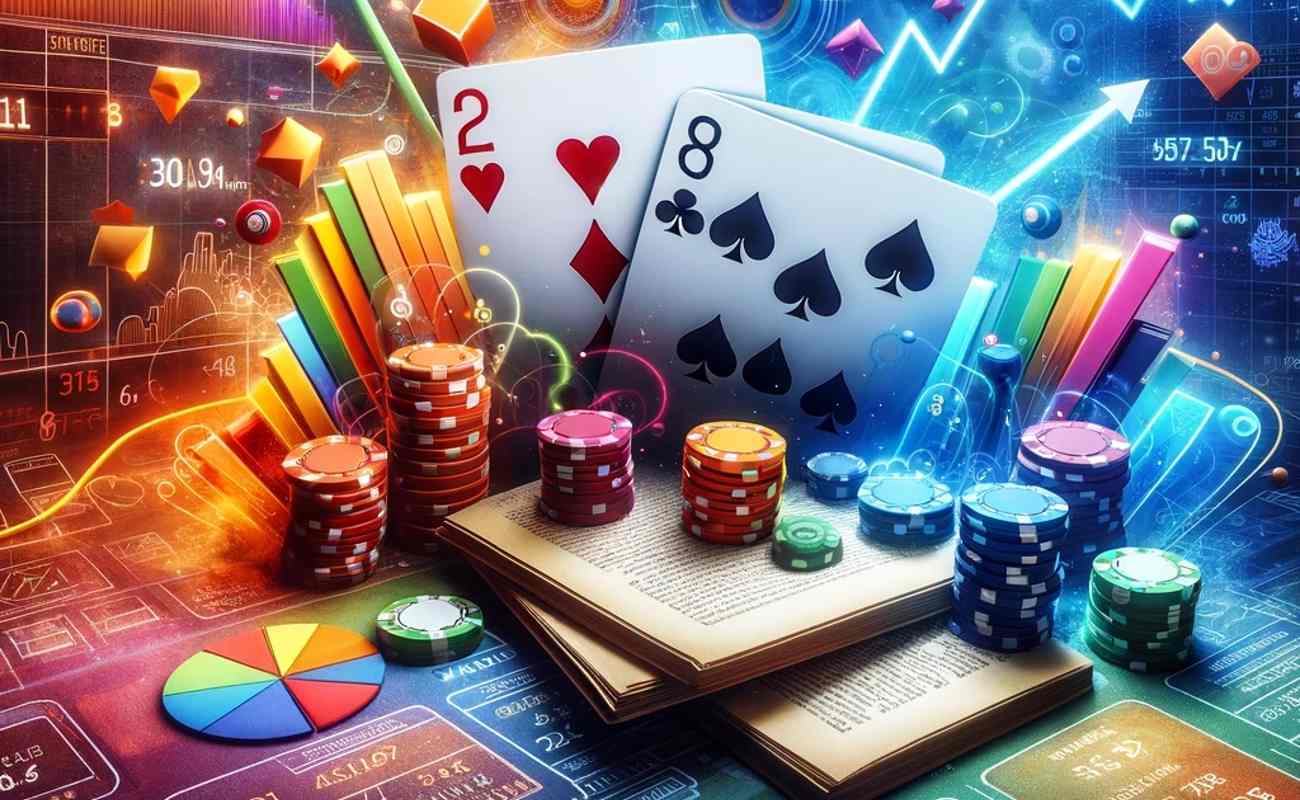 Wide-format close-up of a poker table with colorful chips and cards