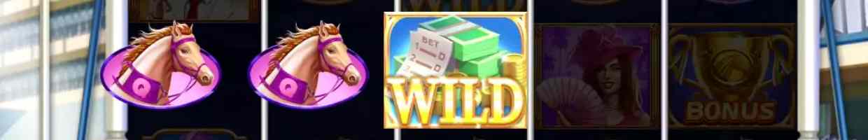 Close up of the reels of Derby Dash with two horses and a wild symbol