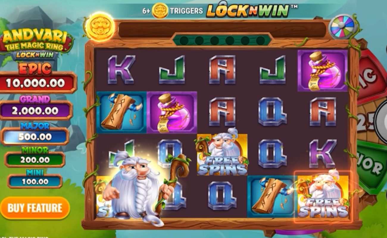 A screenshot of the slot reels on Andvari: The Magic Ring.