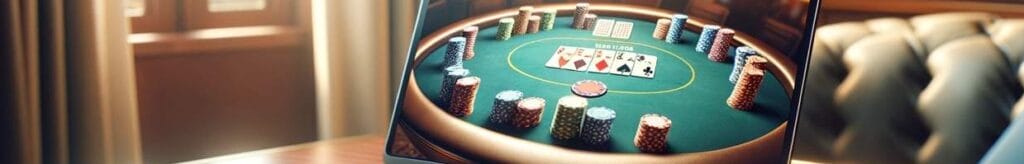 Modern laptop on a wooden desk displaying an online poker game, with a cozy, warmly lit background
