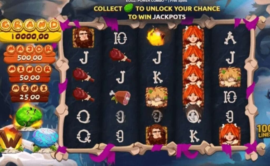 Eggz! Power Combo casino game with matching symbols on a dark blue background.