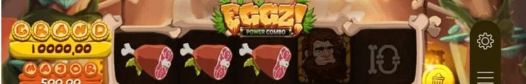 Eggz! Power Combo casino game logo with meat symbols on the reels.