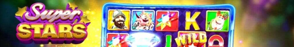 Screenshot of Superstars online slot game logo and slot symbols.