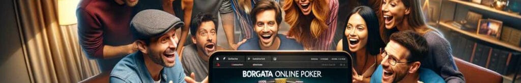 Group gathered around a tablet discussing Borgata Online poker in a warm living room.