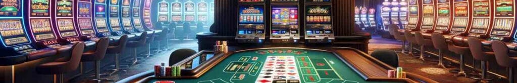 Wide-angle view of a casino with table games in the foreground and slot machines in the background.