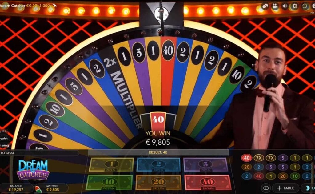 Close-up of gameplay in online casino game Dream Catcher by Evolution Gaming