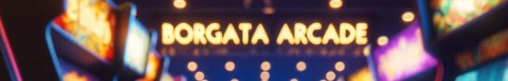 Close-up of hands on arcade joystick with vibrant screen colors, with Borgata Arcade out of focus in the background