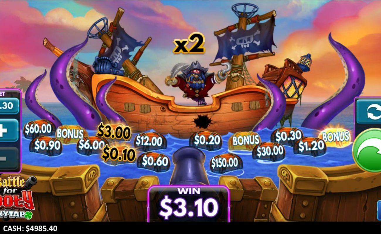 The Battle for Booty screen where a cannon is pointed from your ship towards an enemy pirate ship in the background that is surrounded by a Kraken’s tentacles. There are barrels with cash values and bonus symbols on them floating in front of the enemy ship.