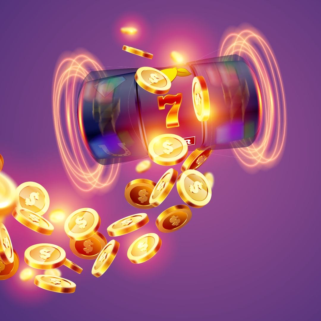 A spinning slot reel surrounded by a stream of gold coins.