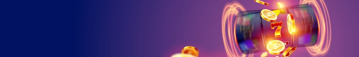 A spinning slot reel surrounded by a stream of gold coins.