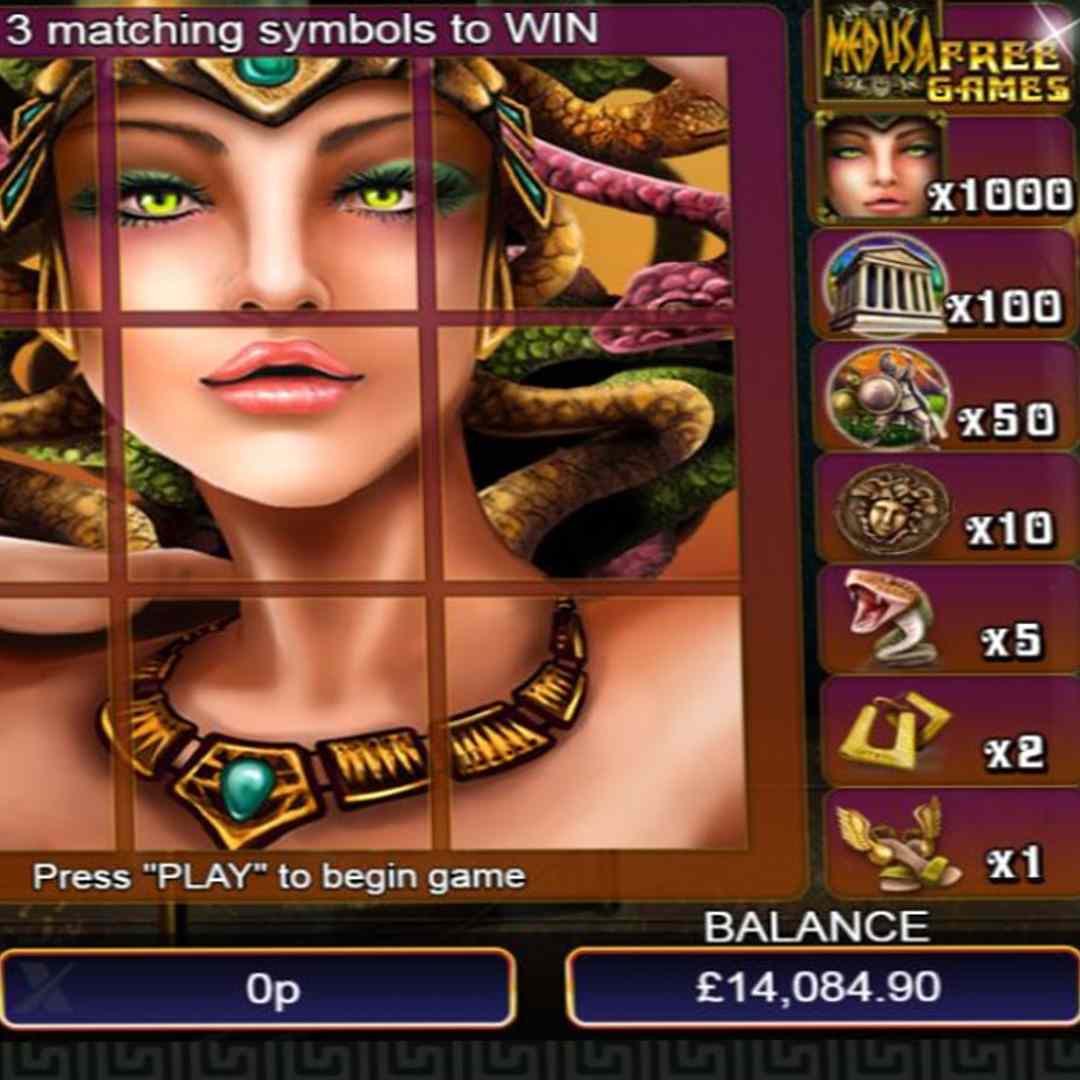 The base game screen for Scratch Medusa, which depicts the game’s symbols including winged shoes, snakes, ancient buildings, and soldiers.