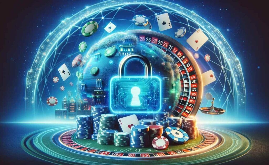A secure online casino environment featuring a digital lock symbol amidst casino elements like cards, a roulette wheel, and chips