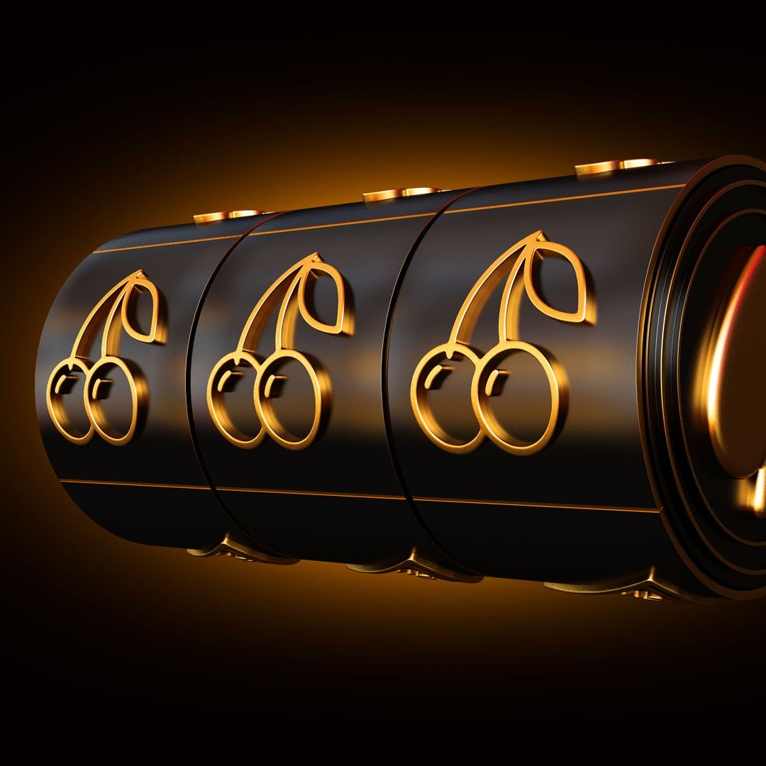 A black and gold slot reel with three gold outlines of cherries on the reels.