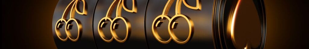 A black and gold slot reel with three gold outlines of cherries on the reels.
