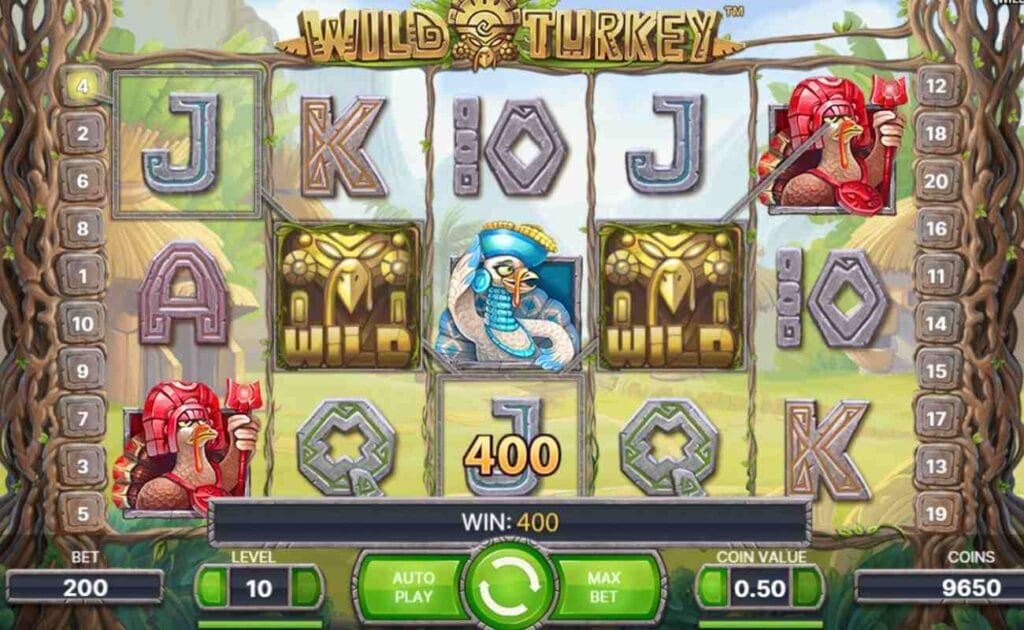 A screenshot of a $400 win on the Wild Turkey online slot game; the winning symbols (two Wilds, two J symbols, and a Red Turkey) and the payline they are on, have been outlined.