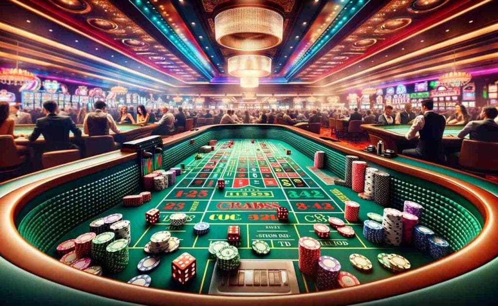Colorful craps table in a vibrant casino setting with mid-roll dice and scattered chip