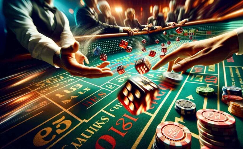 Wide shot of hands throwing dice on a craps table