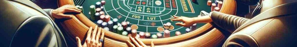 A group of people sit around a craps table in a casino