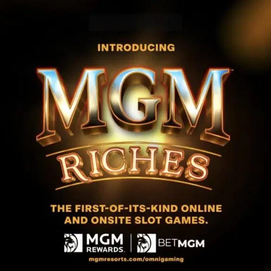 The MGM Riches logo against a black background. The words “MGM Riches” are written in a shiny metal and gold font.