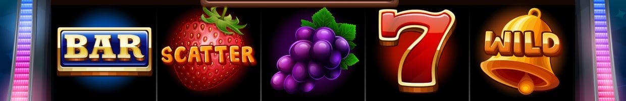 A banner featuring modern versions of classic slot symbols used in online slots, including fruit, BAR, 7, and bell symbols.