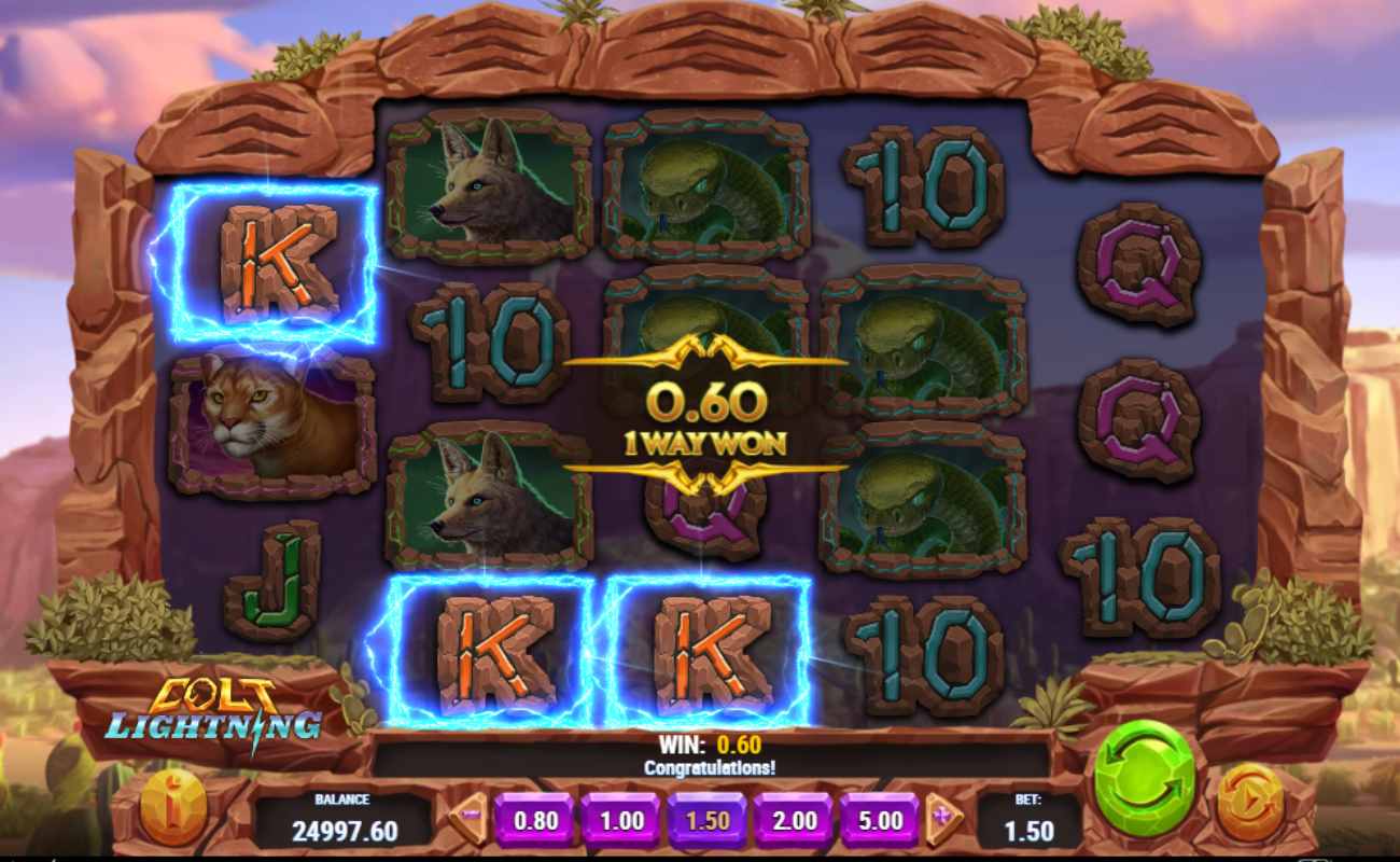 Colt Lightning reels with a playing card K symbol win, and a cougar, snake, and fox are seen on the rock-enclosed reels.