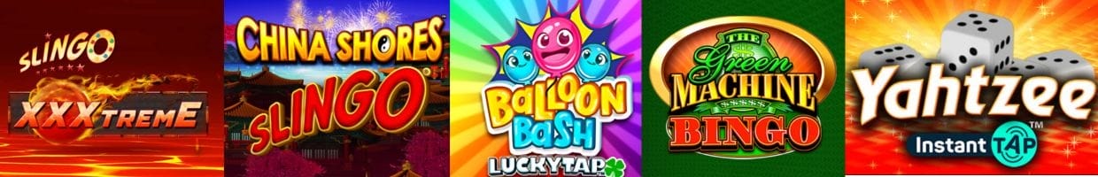 A banner made up of the logos for Slingo XXXtreme, Slingo China Shores, Balloon Bash, Yahtzee Instant Tap, and The Green Machine Bingo.