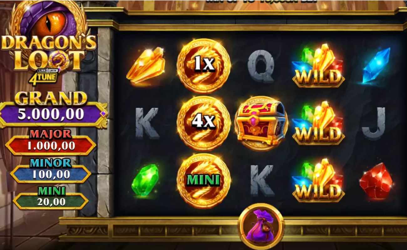 Dragon’s Loot Link & Win 4Tune reels with golden and gemstone symbols.