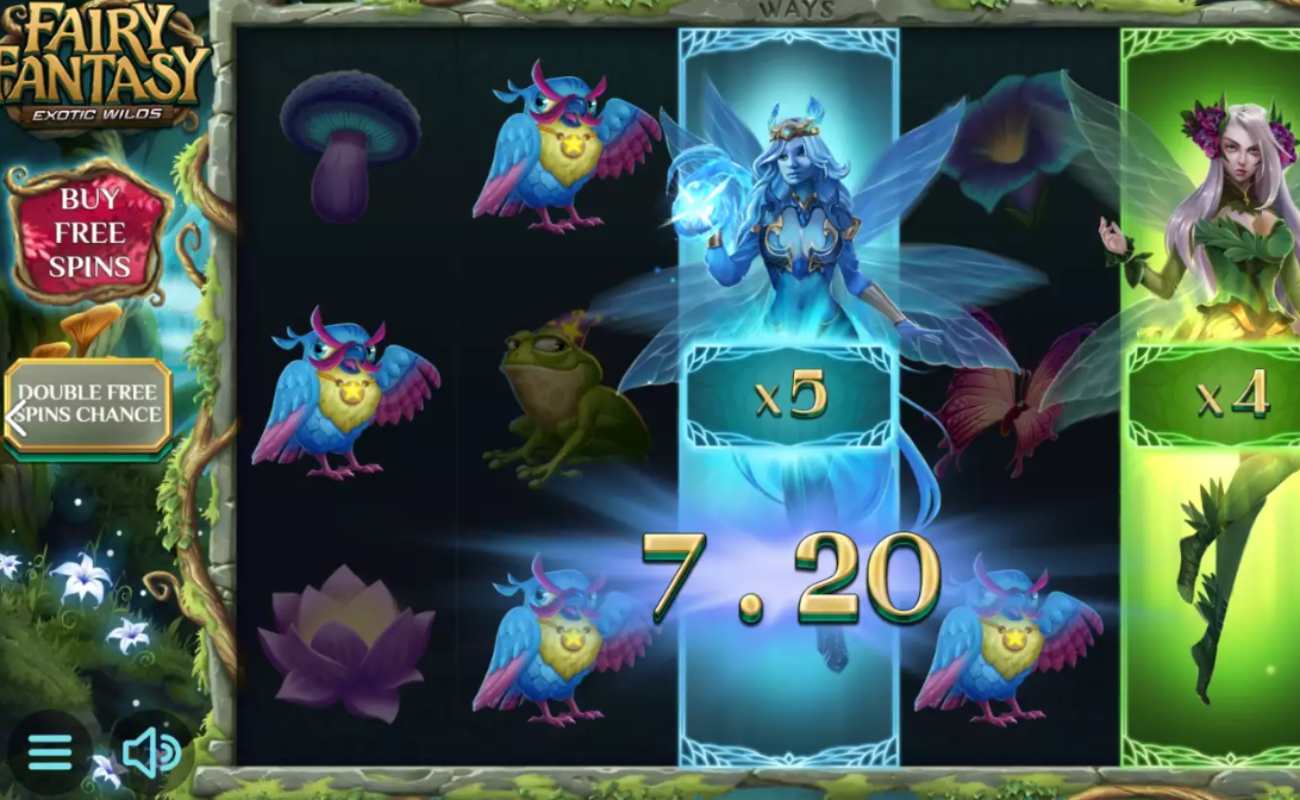 Fairy Fantasy Exotic Wilds reels with fairies, exotic birds, mushrooms and frogs against an enchanting forest.
