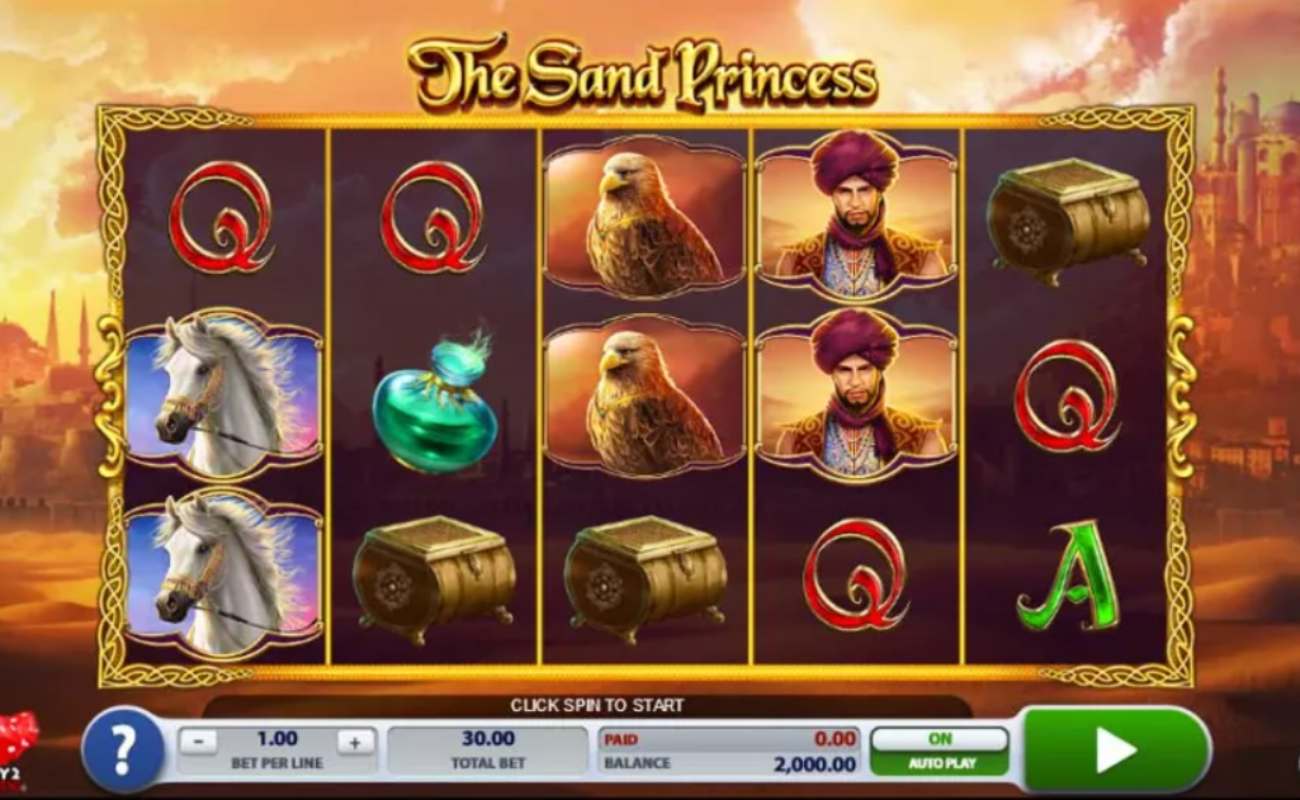 The Sand Princess reels with horses, eagle, Arabian prince and playing card symbols.