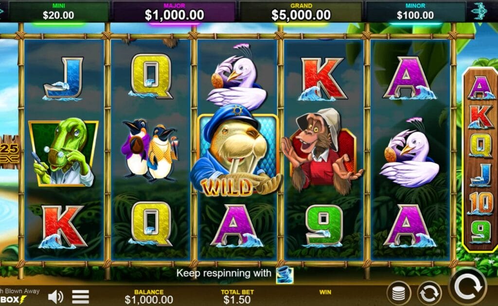 A screenshot of the reels in Stellar Cash Blown Away. The game is set in an island paradise with blue skies and oceans, bright yellow beaches, and lush jungle vegetation. The reels are framed with bamboo and filled with various symbols like the Walrus Captain wild, as well as high-value symbols like the dancing albatross and a lizard with glasses. The jackpots are listed above the reels.