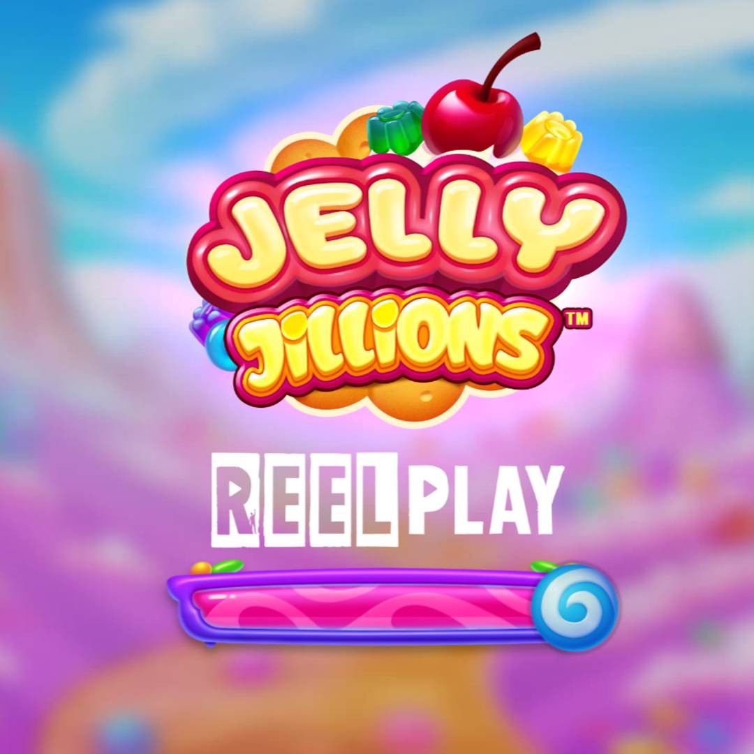 The Jelly Jillions title screen. The game’s title is set against a blurry candy landscape.