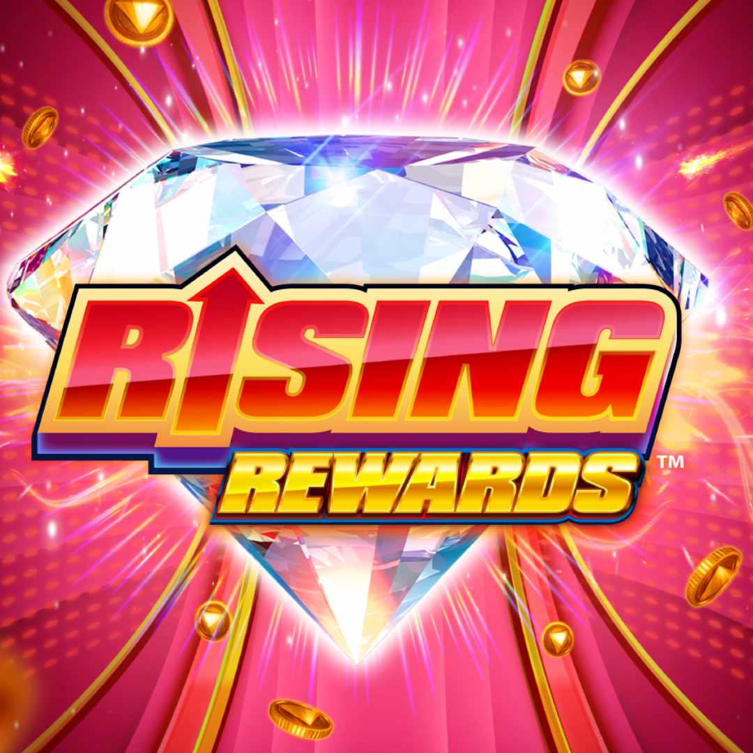 The Rising Rewards online slot logo is red and gold against a big shiny diamond. The background is pink with gold coins.