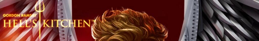 A screenshot of the title screen for Gordon Ramsay Hell’s Kitchen. The title screen features celebrity chef Gordon Ramsay surrounded by flames with metal wings behind him.