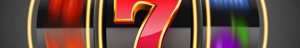 A close-up of an illustrated spinning slot reel with a red seven.