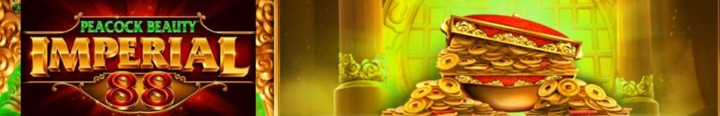 A banner for the Peacock Beauty slot game, with the logo displayed on the left and a red and gold pot overflowing with gold coins on the right.