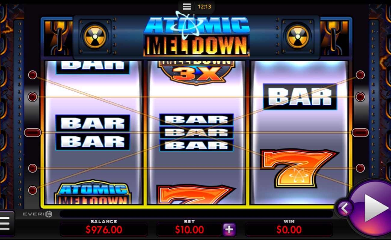 Screenshot from the Atomic Meltdown online slot game, showing gameplay, and classic slot symbols.
