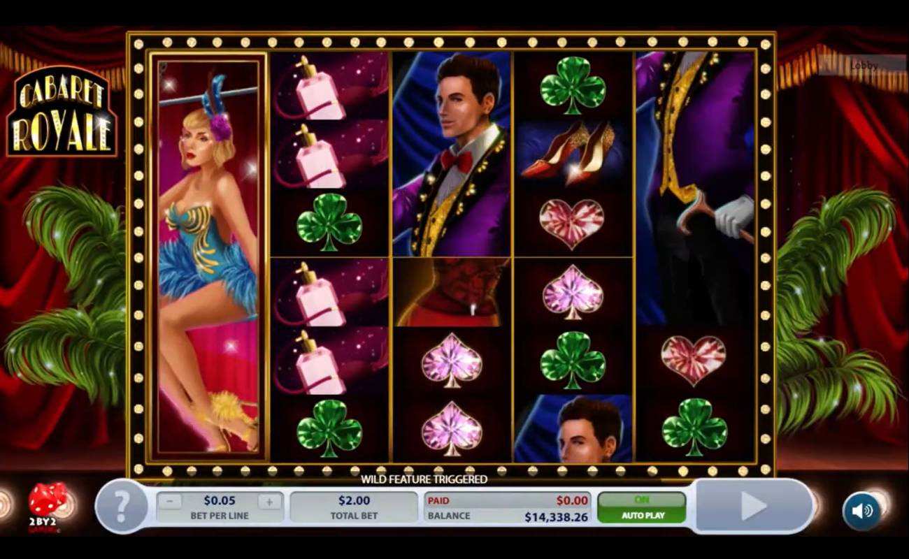 A screenshot of the reels in Cabaret Royale. The game is set against a stage with bright red curtains and green feathers. The reels are contained in a wooden frame with bright lights on it. There are eight reels and a variety of symbols, including a showgirl, a guest in a suit, and perfume bottles.