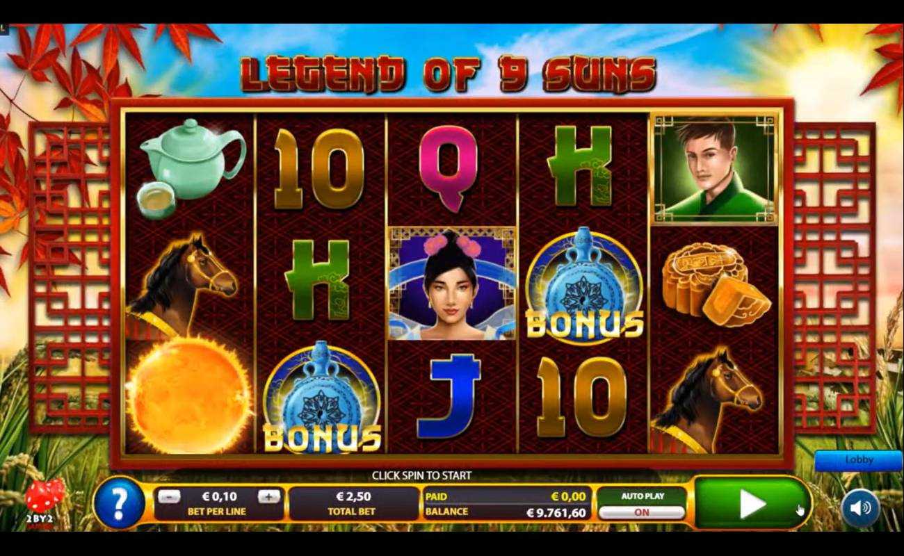 A screenshot of the Legend of 9 Suns reels. The reels are set against a red, ornate, wooden Asian-style frame and are filled with symbols like teapots, horses, vases, and standard symbols like the K, Q, J, and 10. The background is a beautiful field with blue skies, red autumn leaves, and a bright sun.
