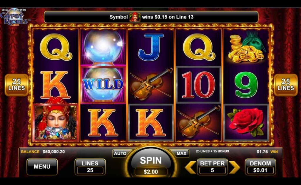 Gypsy Riches online slot with violins, a rose, gold coins, a gypsy woman, crystal balls, and playing cards (9, 10, J, K, and Q) symbols on dark purple reels. The reels are enclosed with a gold frame against a red curtain background.