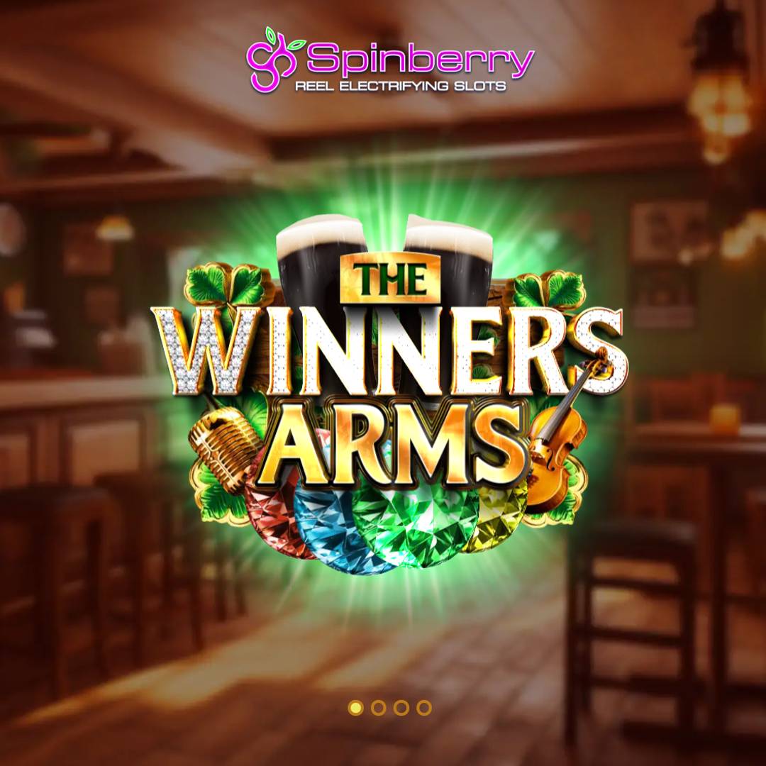 A screenshot of The Winner’s Arms title screen. The title features the game’s name and various other items, including four-leaf clovers, a microphone, and a violin. The game’s title is set against a background of an Irish pub.