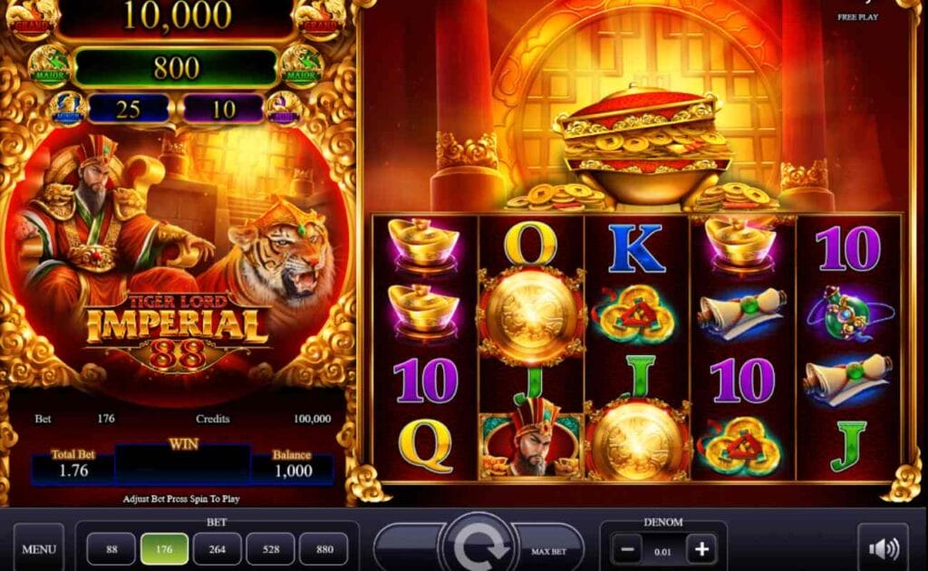 Tiger Lord is an online slot with Chinese-inspired symbols and playing card symbols. Above the reels are pots of gold coins and a golden entrance. On the left side of the reels are the Tiger Lord and the tiger surrounded by gold and red.