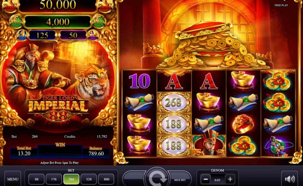 Tiger Lord online slot with gold coins above the reels and Chinese-inspired symbols and playing cards symbols on the reels. On the left side of the screen is the Tiger Lord, with a big tiger surrounded by gold and orange hues.