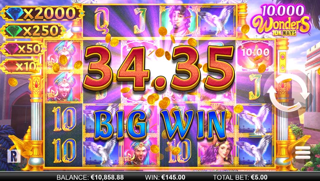 A screenshot of a big win in 10,000 Wonders 10K Ways. In the foreground is a bright light with the notification of the payout and prize status. In this game, the player has won 34.35, and it's a Big Win. In the background are the game reels, which are filled with various themed and regular slot symbols, as well as the game’s setting, a Middle Eastern palace’s grounds.