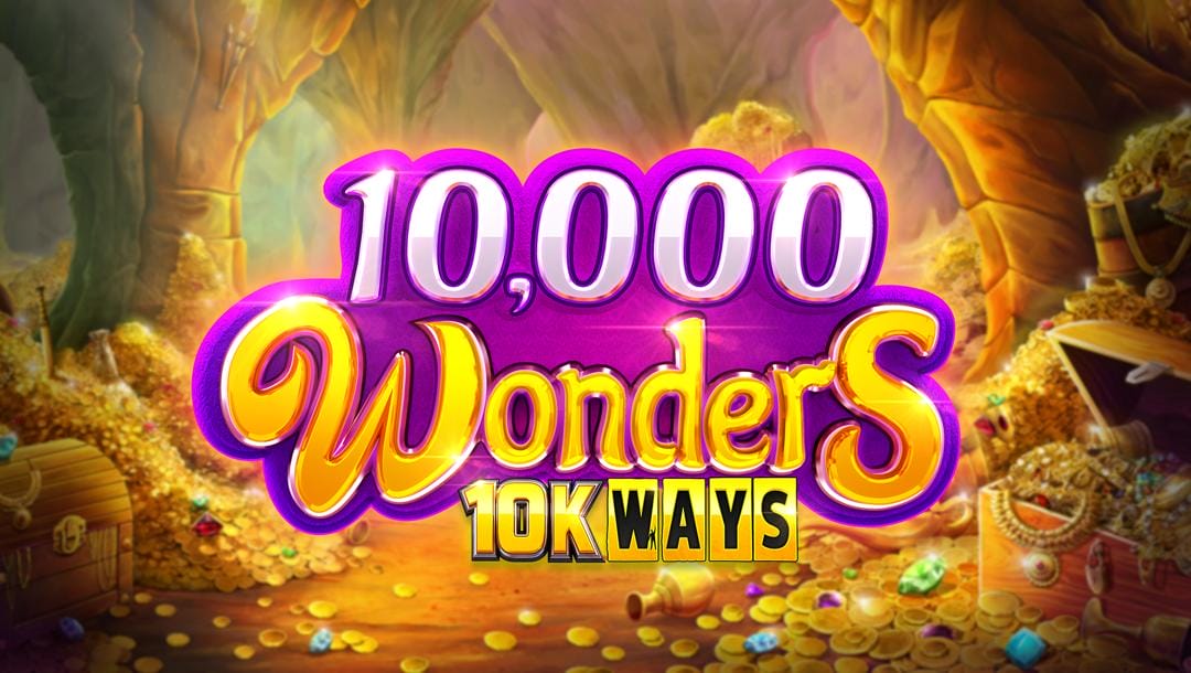 The 10,000 Wonders 10K Ways banner. The background shows a cave filled with golden light and treasure, including mounds and treasure chests of gold coins, jewels, and trinkets. In the foreground is the game title. The number and word 10,000 Wonders are rendered in a fantastical font with a bold, purple outline. The words 10K Ways are captured in a strong gold and black font.