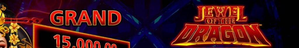 A screenshot of the Jewel of Dragon Red Phoenix title screen. The game’s title is against a red and blue background with the jackpots listed on the left.