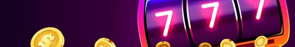 A slot reel with three neon 7s and gold coins flowing from it.